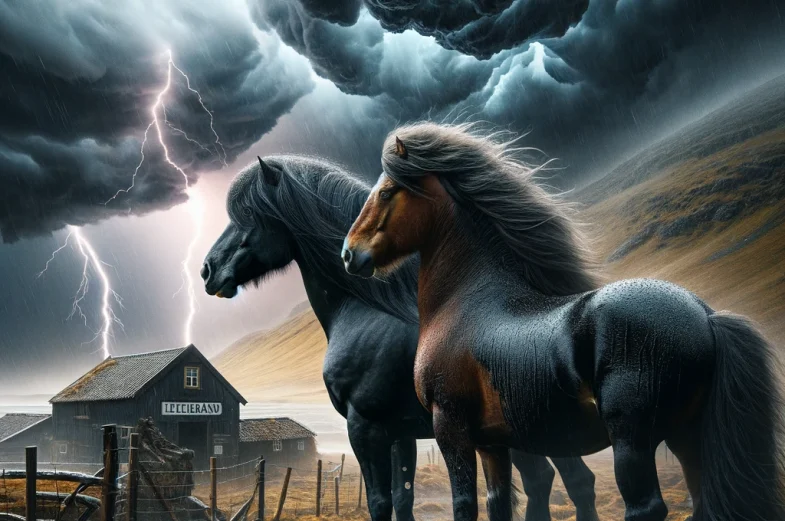 DALL·E-2024-02-13-16.42.23-Create-an-image-depicting-a-dramatic-and-intense-moment-where-Baron-a-mature-black-Icelandic-horse-and-Bonus-a-fully-grown-brown-Icelandic-horse-f